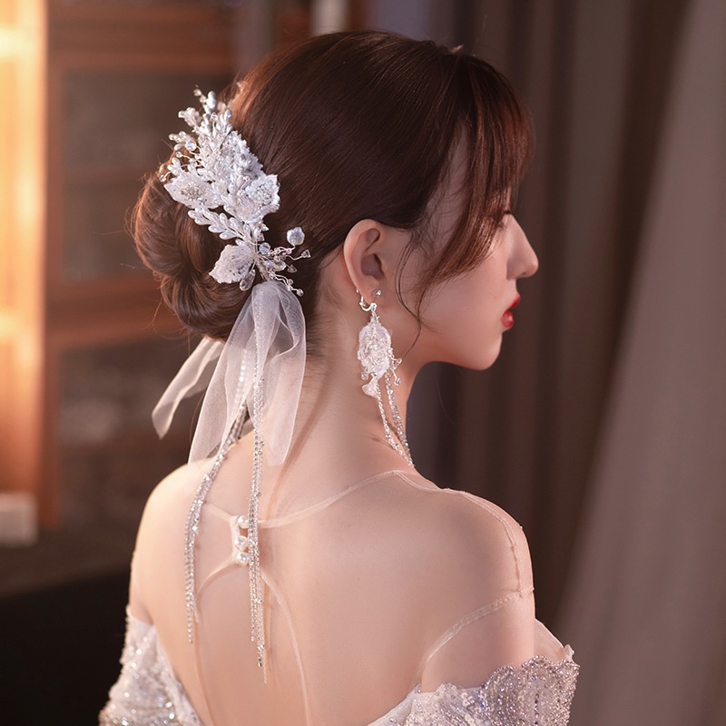 Korea New Bridal Hiasan Kepala Set Cahaya Mewah Bunga Rumbai Panjang Aksesoris Rambut