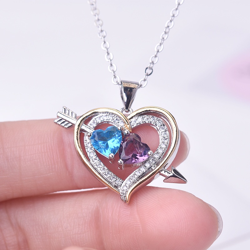 Goldkingdom Fashion Perhiasan Aksesoris Ready Stock Hati Ke Hati Cinta Warna Ganda Liontin Berlian Penuh Berlapis Perak Birthstone Kalung Wanita