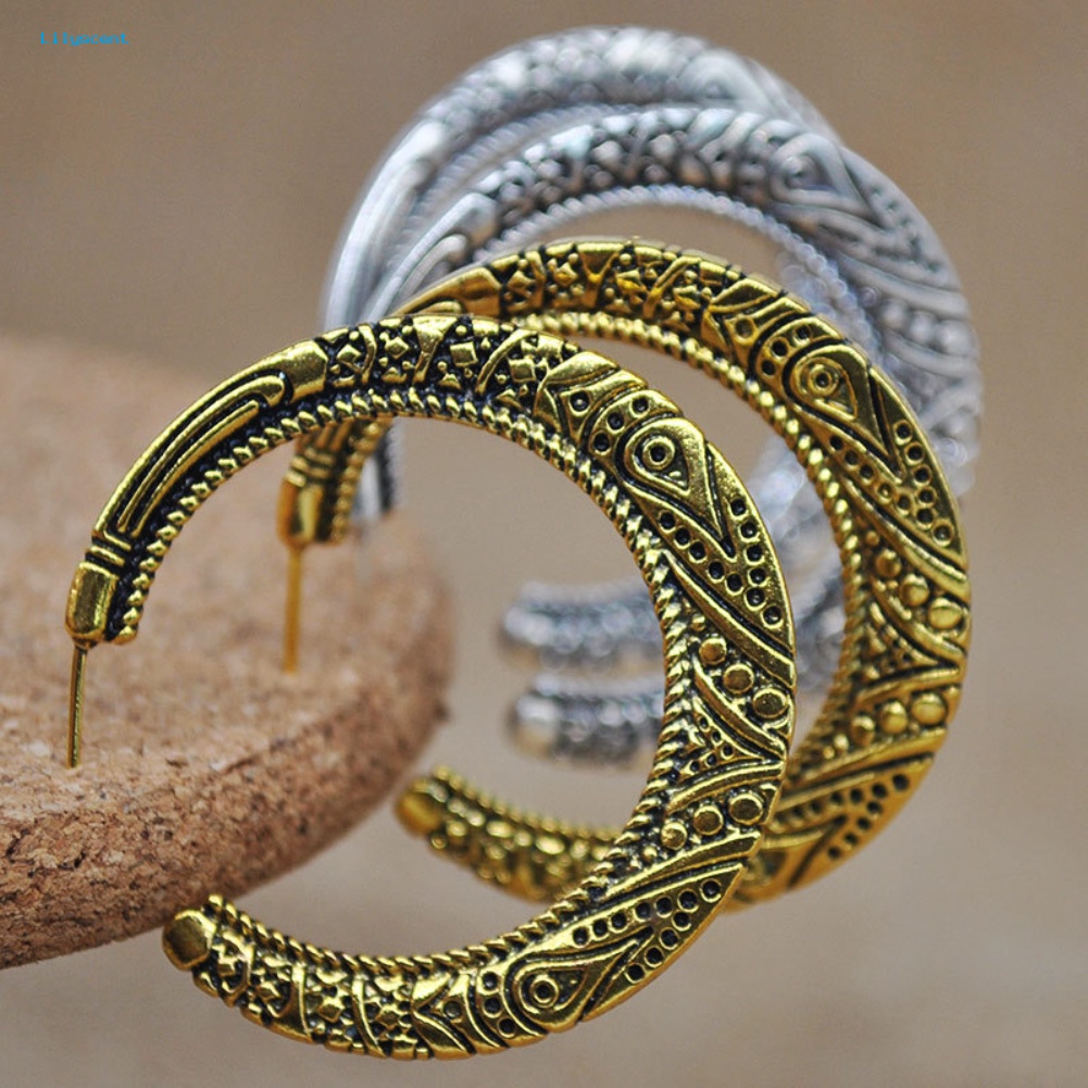 Lilyscent Vintage Lingkaran Besar Tibet Ukiran Hoop Anting Wanita Pernyataan Perhiasan Hadiah