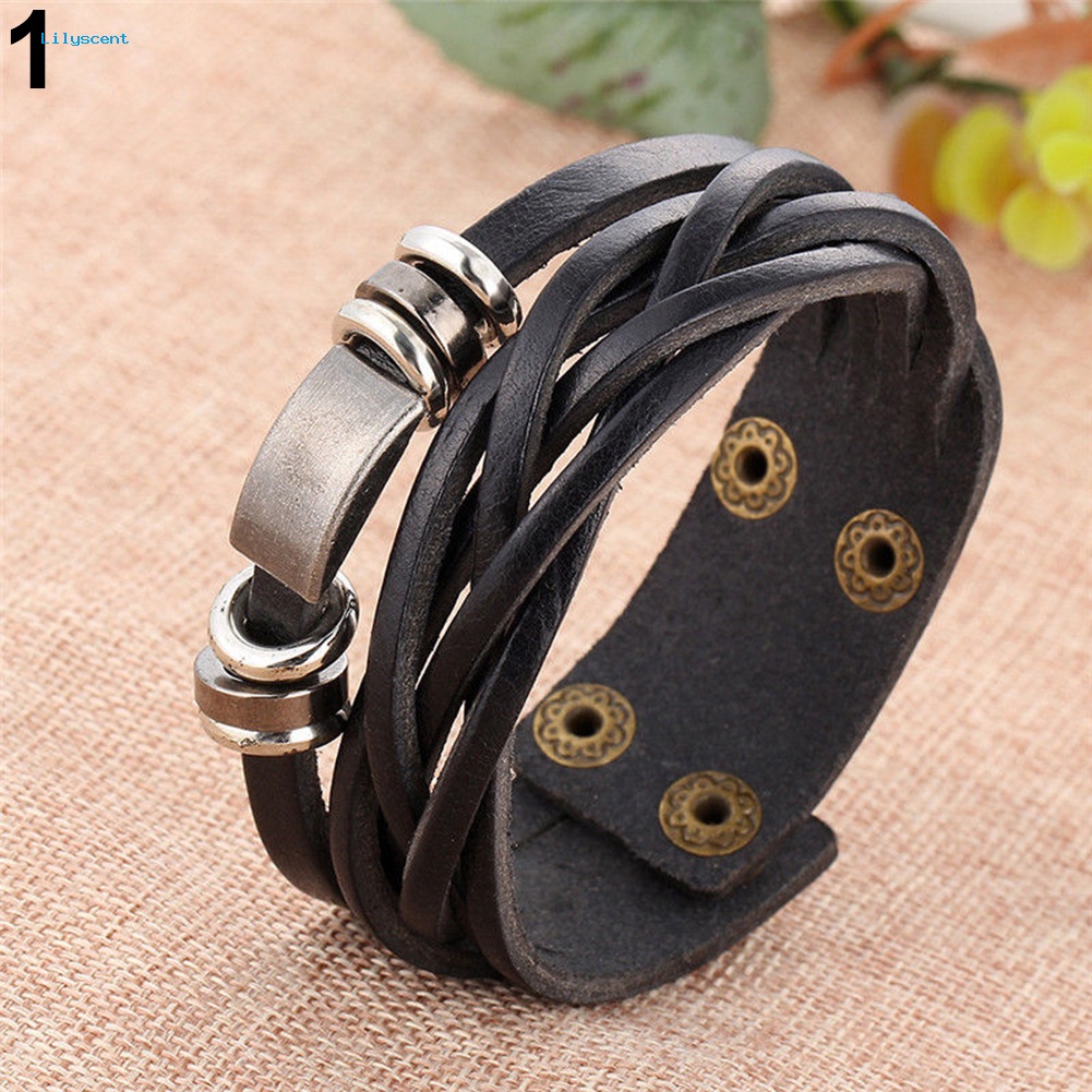 Lilyscent Vintage Pria Wanita Kulit Imitasi Multilayer Gelang Bangle Gelang Perhiasan