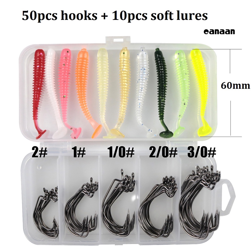 Cnn-60pcs Umpan Cacing Buatan T-Tail Soft Lure+Kait Ikan Fishing Tackle Dengan Box