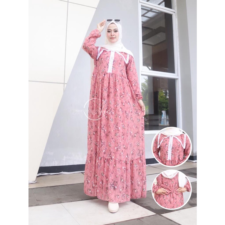 TGC- Aruna Maxy Gamis Bahan Ceruty Motif Bunga APlikasi Kerah Kekinian - Gamis Lebaran 2023
