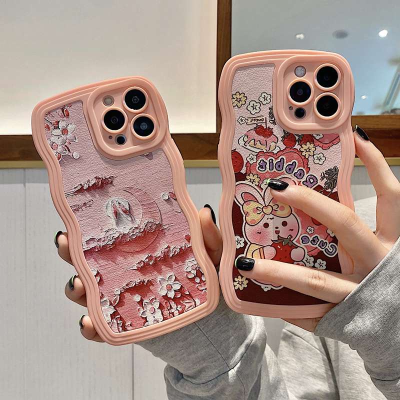 Cute Oil Painting Moon Bunny Soft Case iP iPhone 7 8 Plus SE 2020 X XR XS Max 11 12 13 14 Pro Max FTD Pink Wave Casing Apple