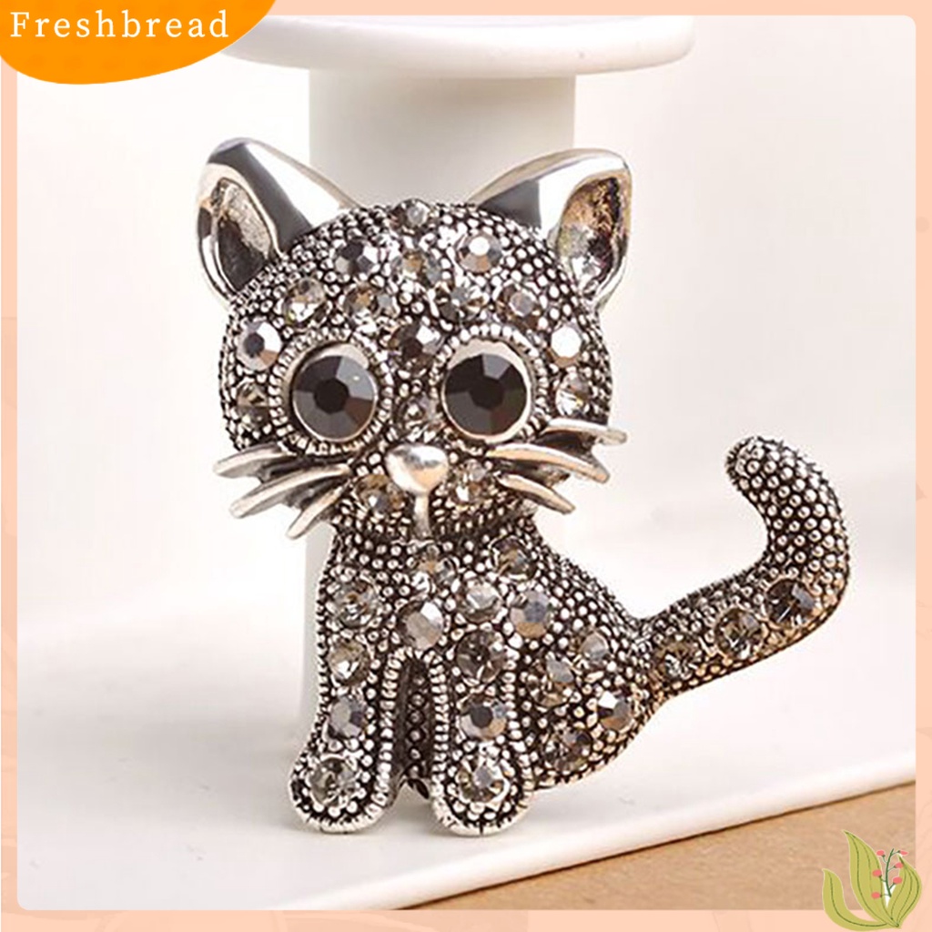 < Freshbread > Lucu Mini Wanita Bentuk Kucing Berlian Imitasi Bros Pin Up Perhiasan Setelan Klip Aksesori