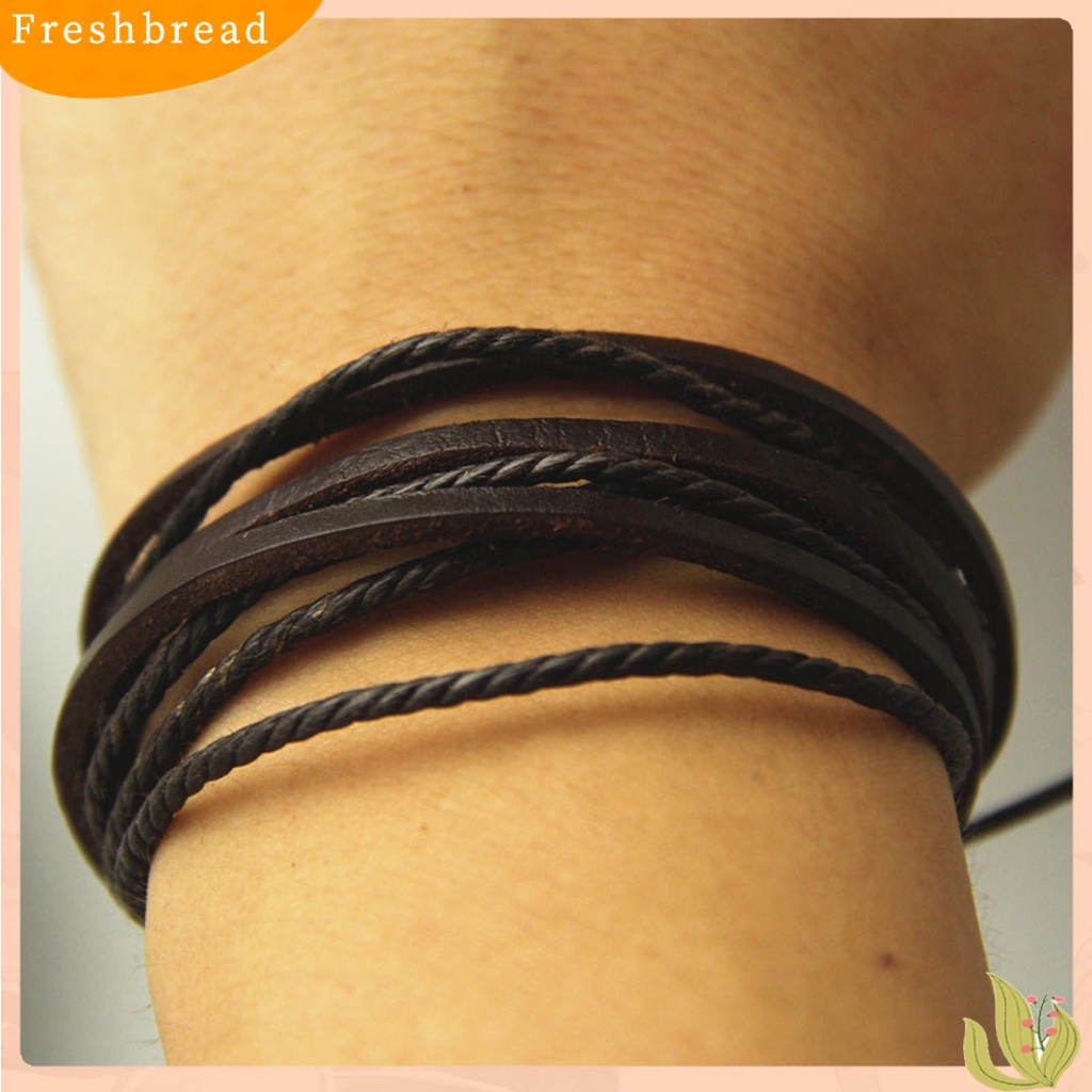 &lt; Freshbread &gt; Men Bracelet Vintage Multi Layers Faux Leather All Match Gelang Cowok Untuk Hadiah