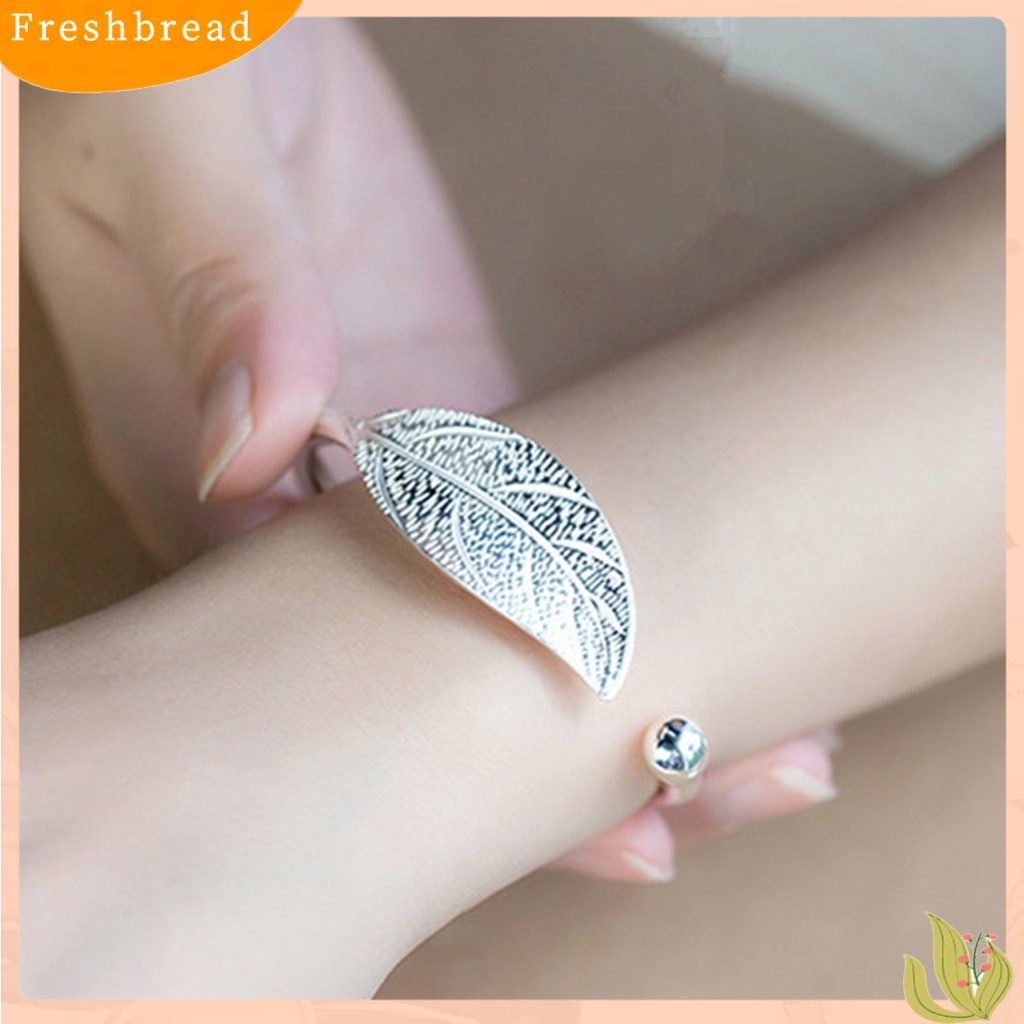 &lt; Freshbread &gt; Gelang Daun Sederhana Bersinar Adjustable Pembukaan Ujung Perak Disepuh Hias Hadiah Wanita Leaf Bangle Wrist Cuff Jewelry Untuk Pernikahan