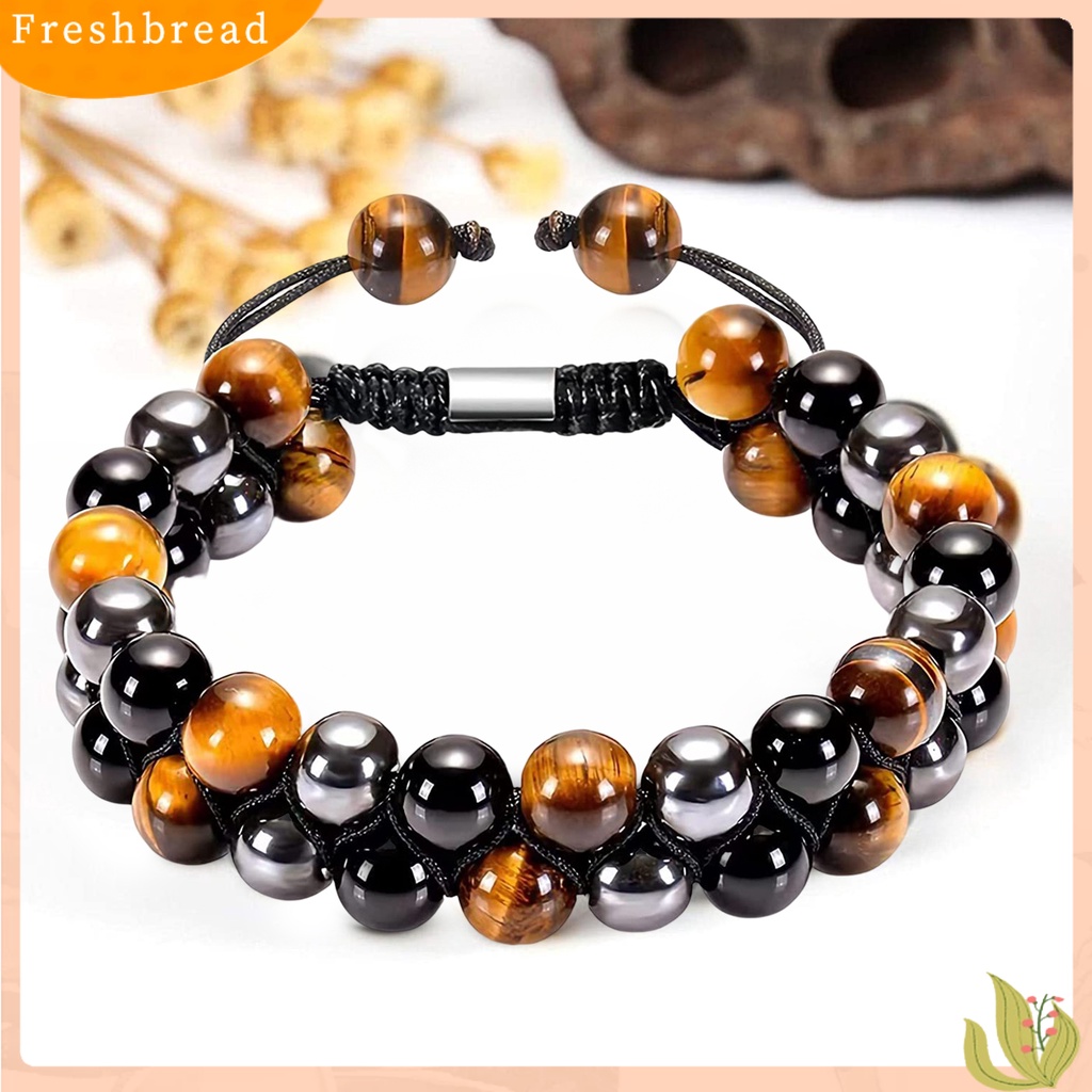 &lt; Freshbread &gt; Beads Bracelet Adjustable Beaded Double Layer Triple Protection Tali Elastis Membawa Keberuntungan Hadiah Pria Wanita Alami Faux Tiger Eye Healing Bracelet Untuk Teman