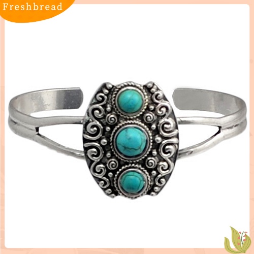 &lt; Freshbread &gt; Perhiasan Wanita Gaya Retro Geometris Turquoise Pembukaan Manset Bangle Gelang