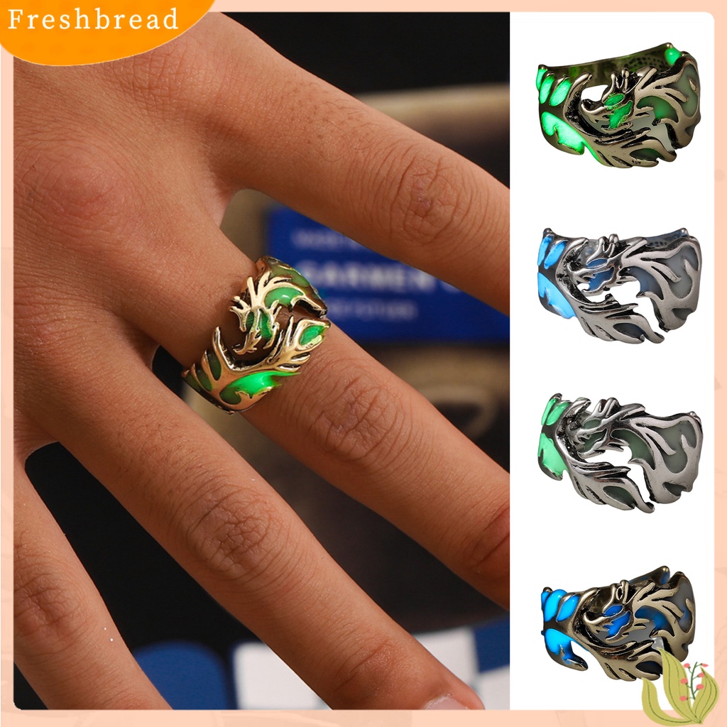 &lt; Freshbread &gt; Cincin Jari Glow in The Dark Adjustable Electroplating Ukiran Geometris Dekorasi Fashion Item Pria Bercahaya Naga Cincin Perhiasan Aksesori