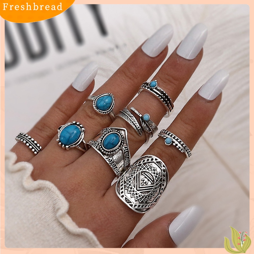 &lt; Freshbread &gt; 8Pcs Cincin Buku Jari Daun Imitasi Pirus Unisex Bohemian Stackable Finger Rings Fashion Jewelry