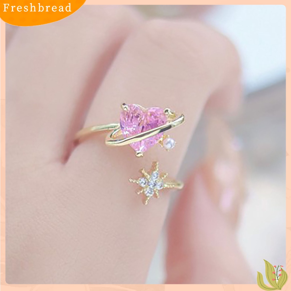 &lt; Freshbread &gt; Berlian Imitasi Bersinar Dapat Disesuaikan Wanita Cincin Pink Cubic Zirconia Jantung Pembukaan Cincin Perhiasan Aksesoris