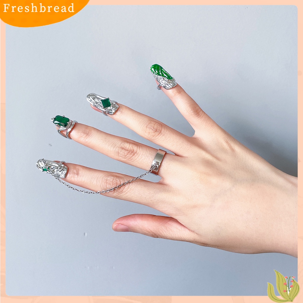 &lt; Freshbread &gt; 4Pcs Cincin Kuku Permata Imitasi Hijau Dress Up Perhiasan Pembukaan Adjustable Finger Rings Untuk Club