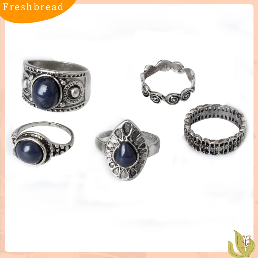 &lt; Freshbread &gt; 5Pcs/Set Bohemian Vintage Batu Biru Alloy Jari Cincin Wanita Menawan Perhiasan