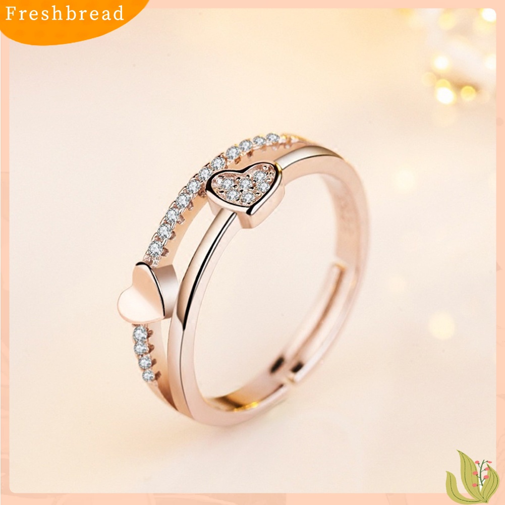 &lt; Freshbread &gt; Fashion Wanita Berlian Imitasi Bertatahkan Hati Ganda Cincin Berakhir Terbuka Perhiasan Hadiah