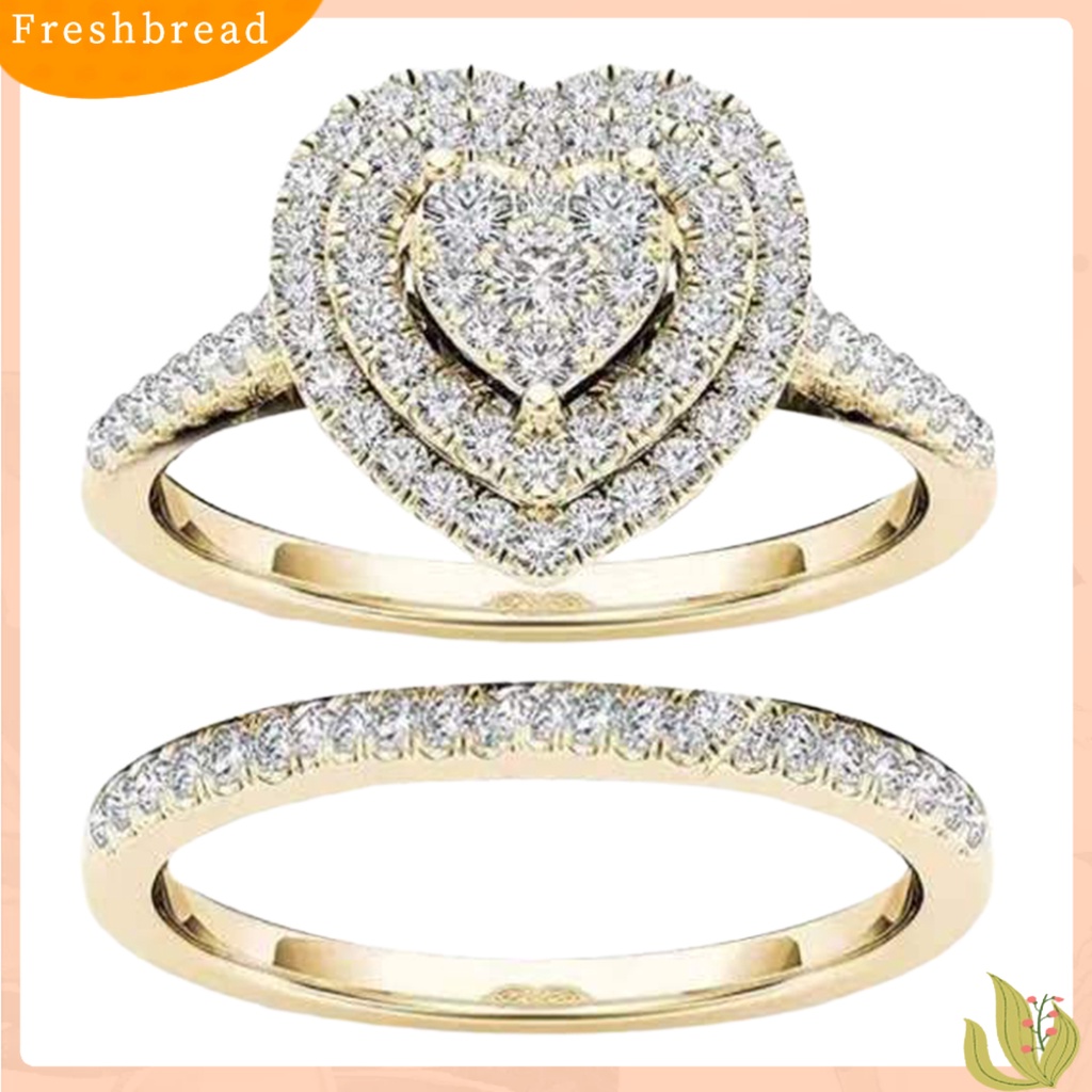 &lt; Freshbread &gt; 2Pcs/Set Cincin Menarik Hias Alloy Halus Bentuk Hati Berlian Imitasi Wanita Bridal Ring Untuk Pernikahan