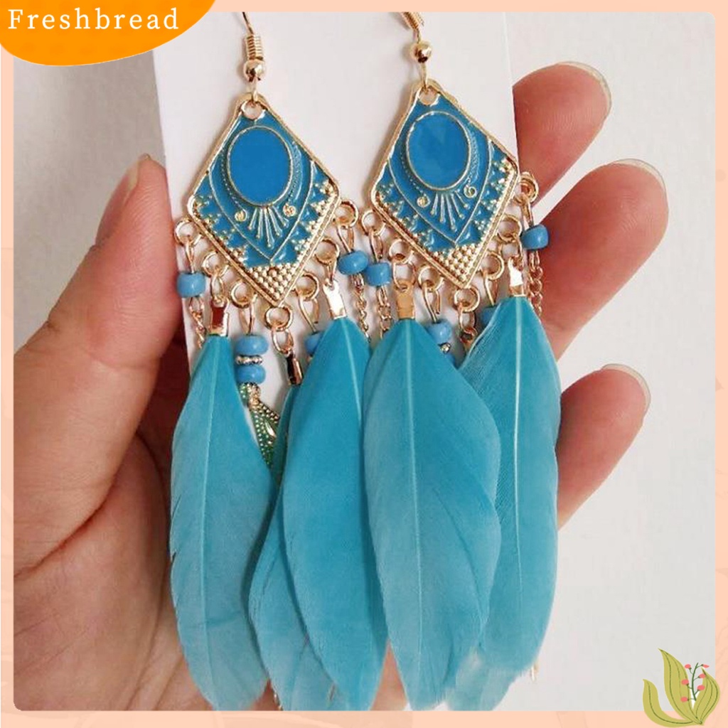 &lt; Freshbread &gt; 1pasang Anting Kait Bohemian Tetes Minyak Geometris Persegi Panjang Liontin Temperamen Dekorasi Elegan Bulu Buatan Rumbai Menjuntai Anting Aksesoris Kostum