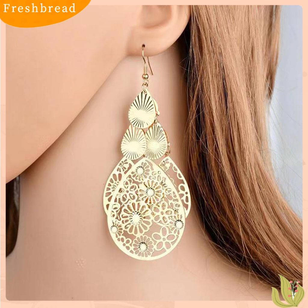 &lt; Freshbread &gt; 1pasang Anting Kait Berlebihan Retro Geometris Elegan Berongga Bunga Tetesan Air Liontin Wanita Menjuntai Anting Perhiasan Fashion