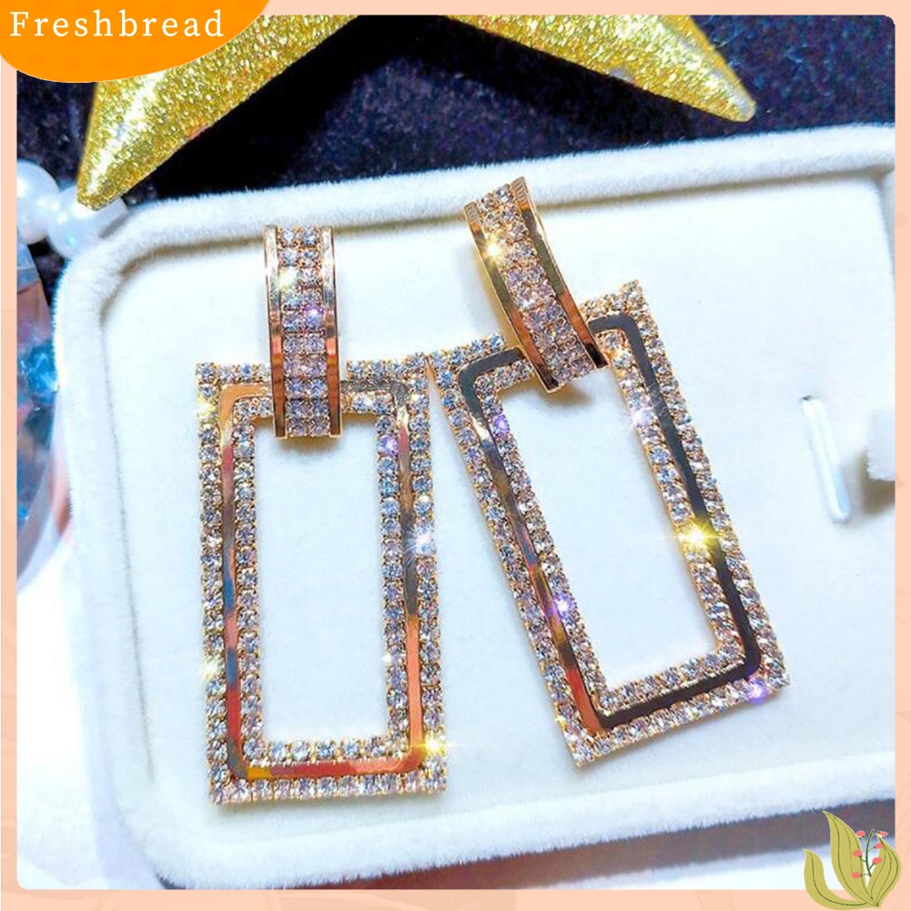 &lt; Freshbread &gt; Wanita Berlian Imitasi Bertatahkan Berongga Persegi Panjang Menjuntai Ear Stud Earrings Perhiasan Hadiah