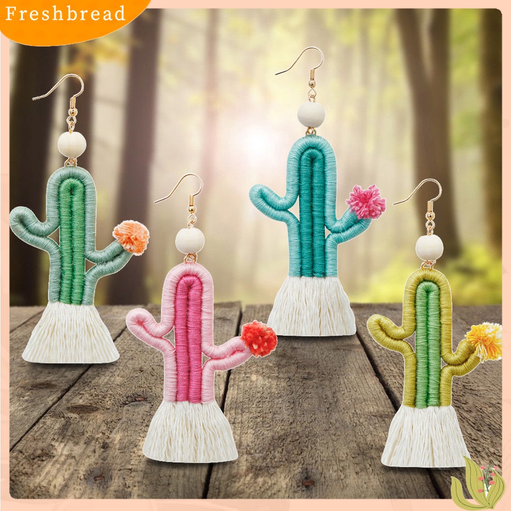 &lt; Freshbread &gt; 1pasang Anting Kait Rajut Tangan Bentuk Kaktus Perhiasan Tali Katun Jumbai Bohemian Anting Menjuntai Untuk Pacaran