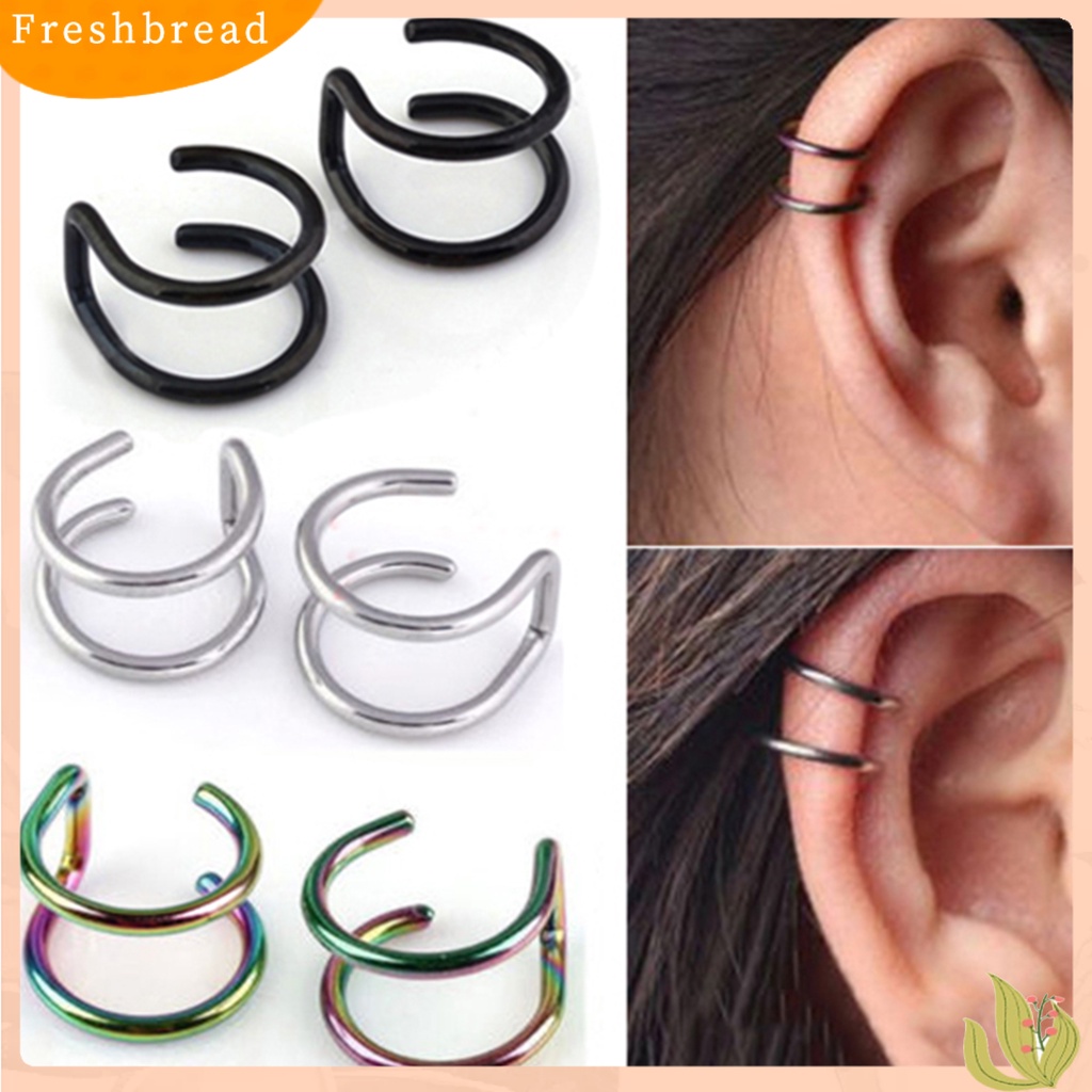 &lt; Freshbread &gt; Ear Clip Cuff Keren Non Piercing Anting Tulang Rawan Palsu Stainless Steel 2baris Untuk Bar