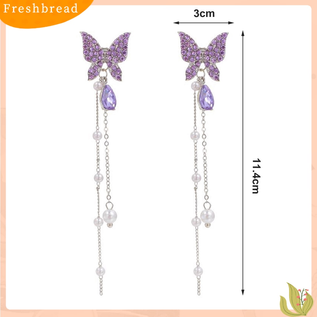 &lt; Freshbread &gt; 1pasang Berlian Imitasi Bersinar Rantai Rumbai Lady Earrings Hidup Kupu-Kupu Mutiara Imitasi Stud Earrings Elegan Earrings