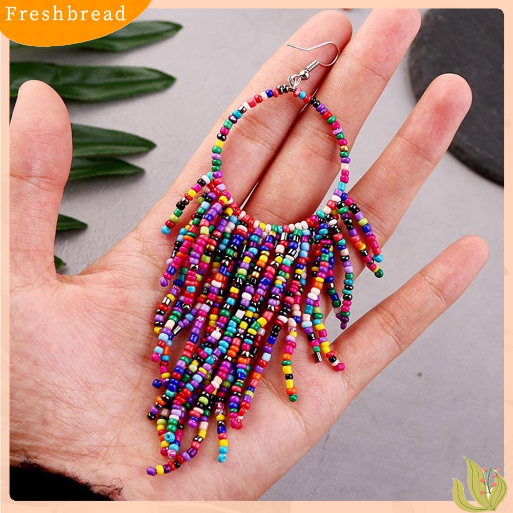 &lt; Freshbread &gt; Bohemian Wanita Manik-Manik Rumbai Bulat Menjuntai Kait Panjang Anting Pernyataan Perhiasan