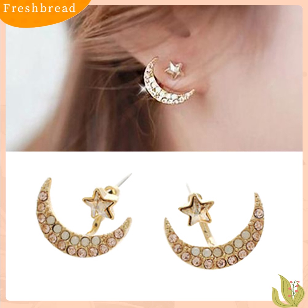 &lt; Freshbread &gt; 1pasang Anting Bentuk Bulan Bintang Desain Berlian Imitasi Bahan Alloy Wanita Fashion Ear Studs Untuk Hadiah