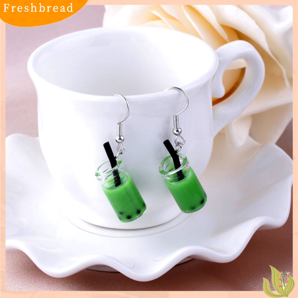 &lt; Freshbread &gt; 1pasang Anting Kait Lucu Imut Gaya Sederhana Hypoallergenic Hadiah Kaca Teh Susu Liontin Wanita Menjuntai Anting Perhiasan Fashion