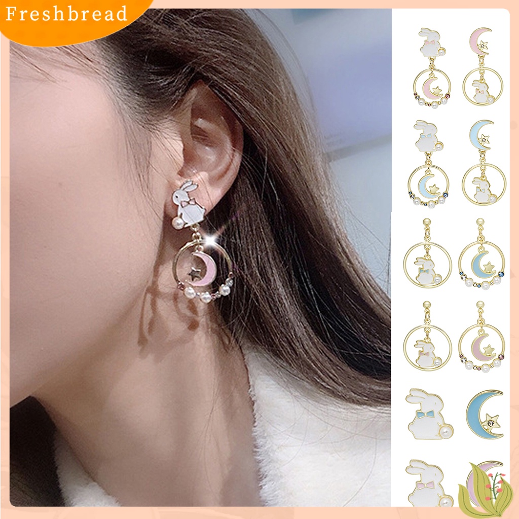 &lt; Freshbread &gt; 1pasang Stud Earrings Dissymmetry Cincin Berongga Berlian Imitasi Mutiara Imitasi Hadiah Kartun Kelinci Bulan Bintang Gadis Drop Earrings Fashion Perhiasan