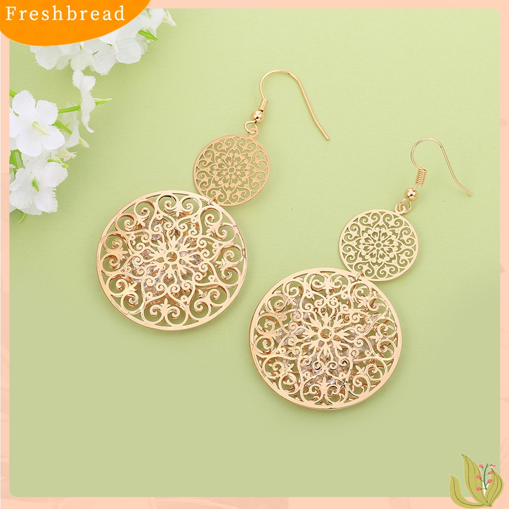 &lt; Freshbread &gt; Fashion Wanita Lapisan Ganda Diukir Kerawang Drop Menjuntai Liontin Anting Perhiasan