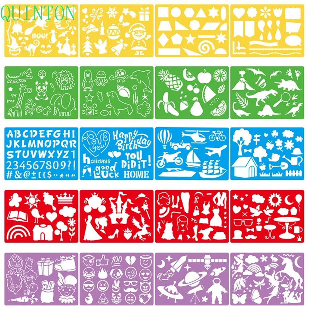QUINTON Kids Stationery Art Tool Pattern Stencils Drawing Template Numbers Color Board Children Learning 20pcs Education Aids English letter Painting Rulers/Multicolor