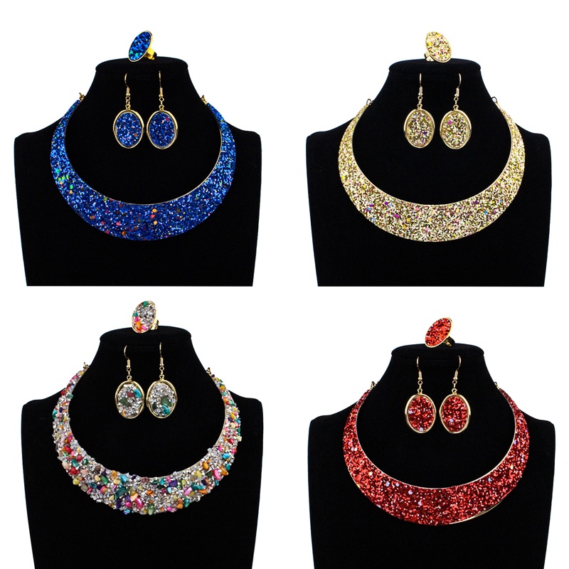 Temperamen Eropa Dan Amerika Perhiasan Pengantin Mengkilap Paduan Bertatahkan Berlian Penuh Perhiasan Pernikahan Kalung Cincin Anting Set