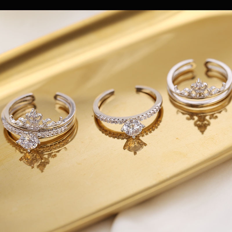 Goldkingdom Aksesoris Perhiasan Fashion Ready Stock Mahkota Two In One Cincin Wanita Cincin Pembukaan Yang Dapat Disesuaikan Berlapis Perak Cincin