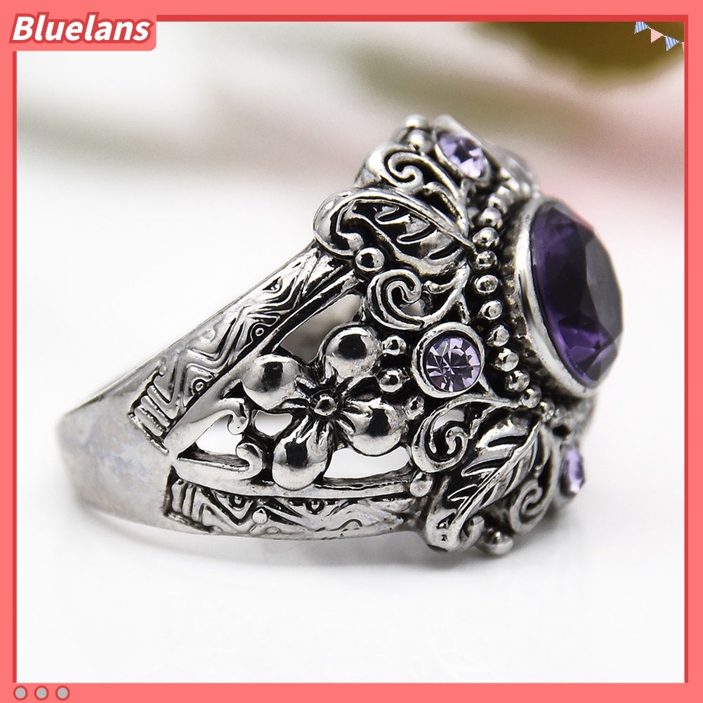 {In Stock} Vintage Bulat Faux Amethyst Hias Ukir Bunga Wanita Jari Cincin Perhiasan Hadiah