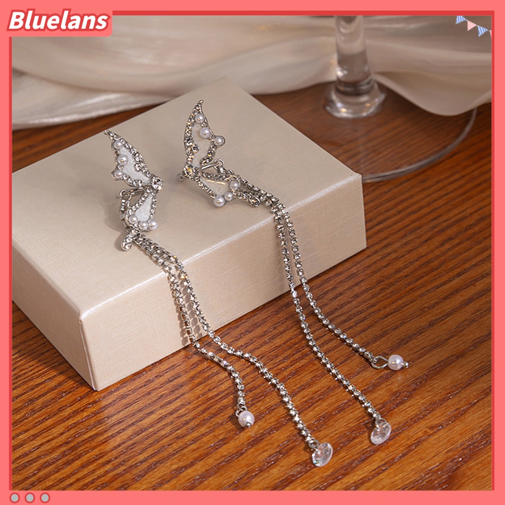 {In Stock} 1pasang Manset Telinga Tanpa Tindik Rumbai Panjang Mutiara Imitasi Peri Elegan Berlian Imitasi Kupu-Kupu Tulang Rawan Klip Anting Perhiasan Fashion