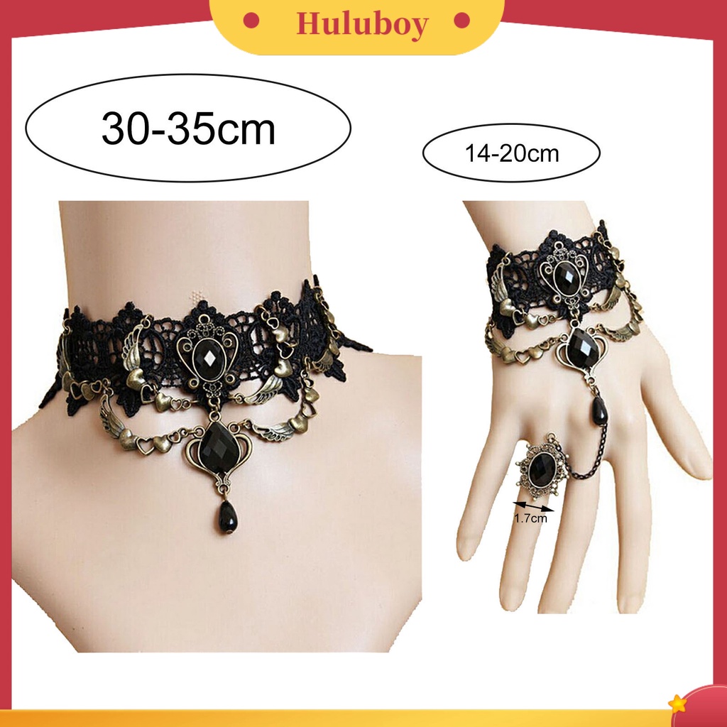 Kalung Gelang Cincin Bahan Lace Warna Hitam Gaya Gothic Punk Untuk Wanita