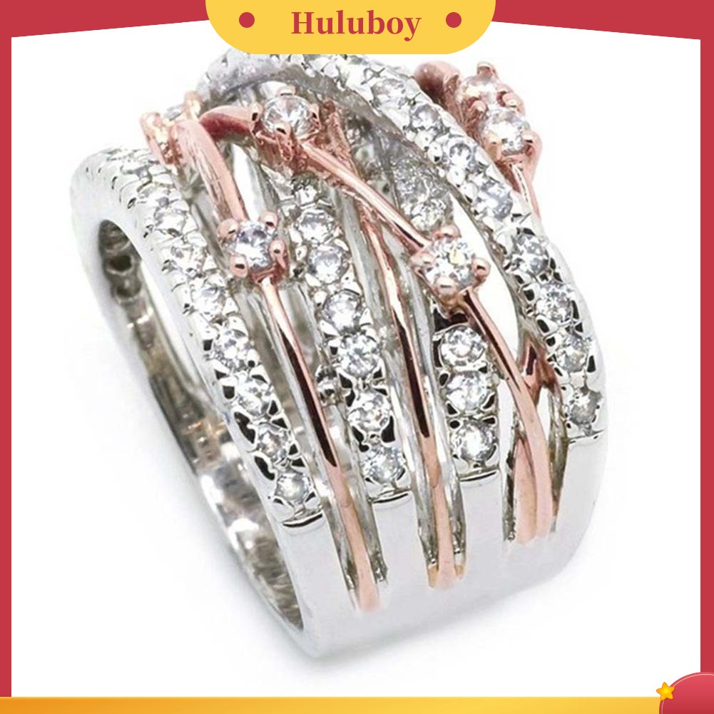 {Ready Stock} Wanita Berlian Imitasi Bertatahkan Crossover Lebar Band Jari Cincin Hadiah Perhiasan Pernikahan