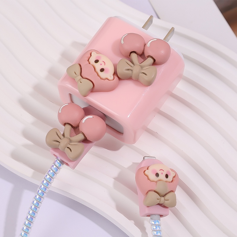 IPHONE [Unggulan] Penggulung Kabel Anti Jebol Kabel Tahan Debu Casing Spiral Silikon Charger Penutup Pelindung Garis Kartun Gadis Ceri Kompatibel Dengan Charger Iphone5 /18/20W