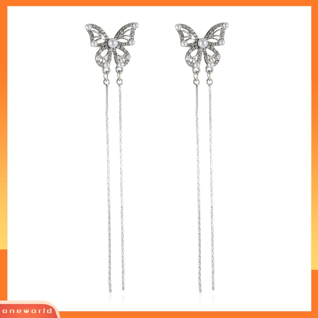 [OWR] 1pasang Drop Earrings Geometris Berlebihan Temperamen Hias Mengkilap Berdandan Elegan Klasik Berlian Imitasi Kupu-Kupu Rumbai Anting Perhiasan Fashion