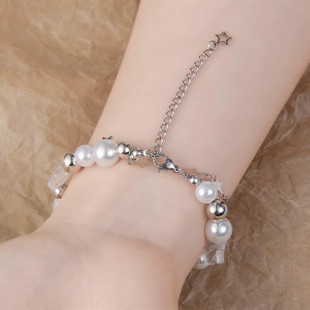 Women Double Wrap Stars Pearl Bracelets/Gelang Manik-Manik Manset Cewek/Ladies Simple Trendy Bangles/Niche Design Canggih Retro Joker Jewelry/Aksesoris Perhiasan