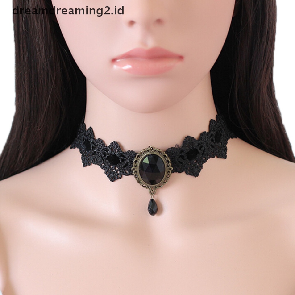 (hot) Kalung Renda Hitam Kerah Choker Beludru Kristal Vintage Gothic Rantai Liontin//