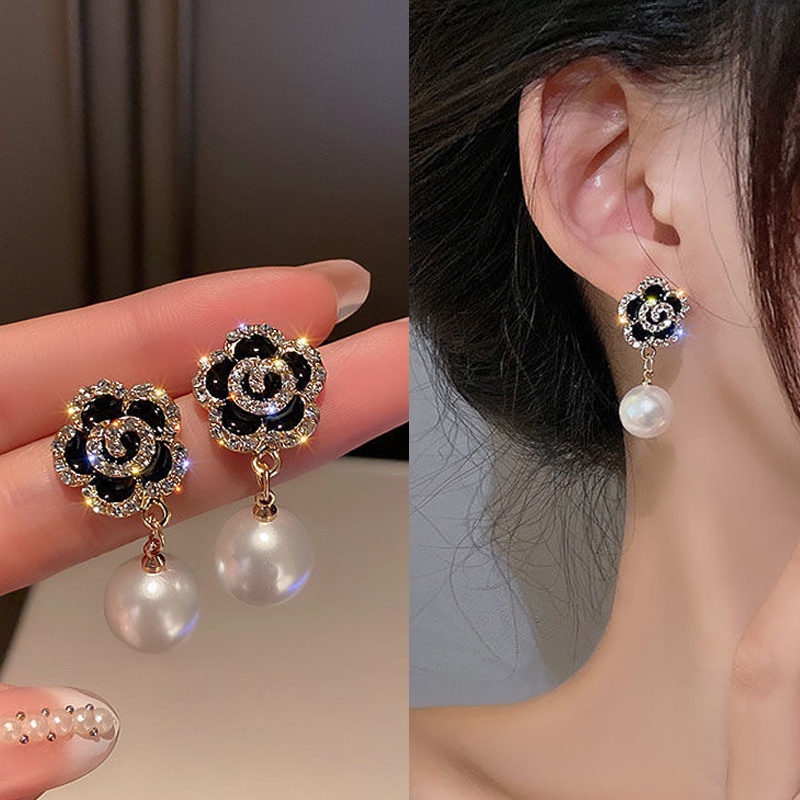 Jepang Korea Elegan Busur Hitam Temperamen Mode Berlian Imitasi Anting Mutiara