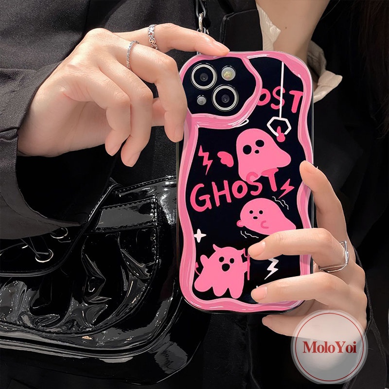 Case Pink Hantu Lucu Kompatibel Untuk IPhone 7Plus XR 11 8 6s 6 7Plus 13 12 14 Pro Max X XS Max SE 2020 3D Wavy Curved Edge Soft Tpu Glossy Shockproof Phone Cover