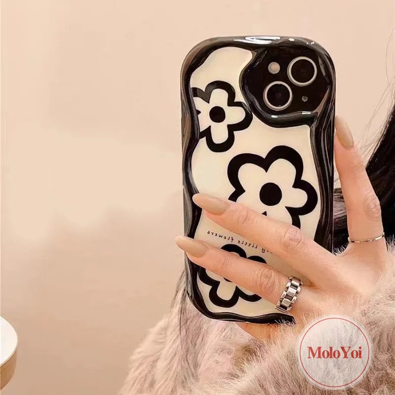 Casing Tiga Bunga Putih Sederhana Kompatibel Untuk IPhone 7Plus XR 6s 8 6 7 Plus 11 Pro Max 14 13 12 Pro Max X XS Max SE 2020 3D Wavy Curved Edge Glossy Lembut Shockproof Airbag Cover