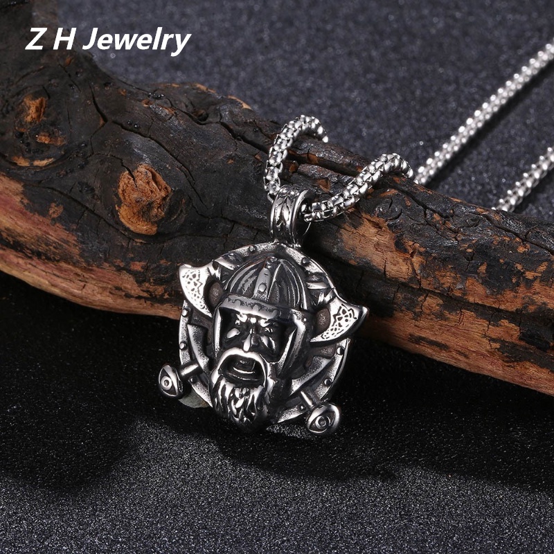 [Z H Perhiasan] Vintage Nordic Viking Hip Hop Rune Jimat Liontin Pria Dan Wanita Fashion Stainless Steel Kalung Punk Pesta Rock Perhiasan Aksesoris