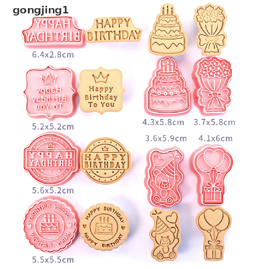 Ggg 8 Pcs/Set Ulang Tahun Tema Cookie Pemotong Plastik 3D Pressable Biskuit Cetakan Cookie Cap Dapur Baking Alat Pesta Ulang Tahun Anak Dekorasi ID