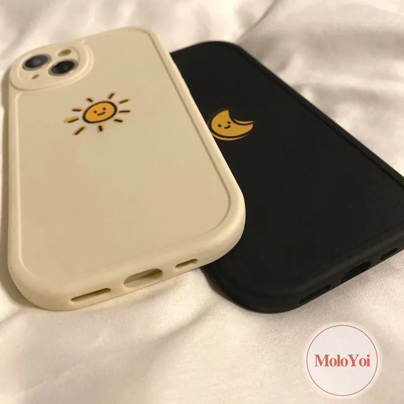 IPHONE Case Warna Solid Sederhana Kompatibel Untuk Iphone11 7 8 Plus 12 14 13 Pro MAX 6 6s 14 Plus XR X XS MAX SE 2020 Pasangan Bulan Matahari Penuh Pelindung Lembut Ponsel Cover