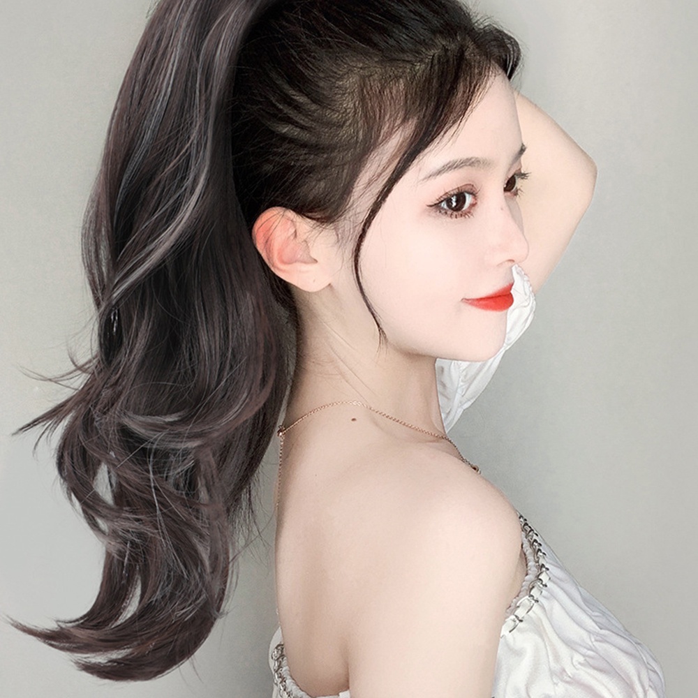 Keriting Alami Highlight Ponytail Wig Wanita Perempuan Ambil Gaya Panjang Berbulu Ekstensi Rambut