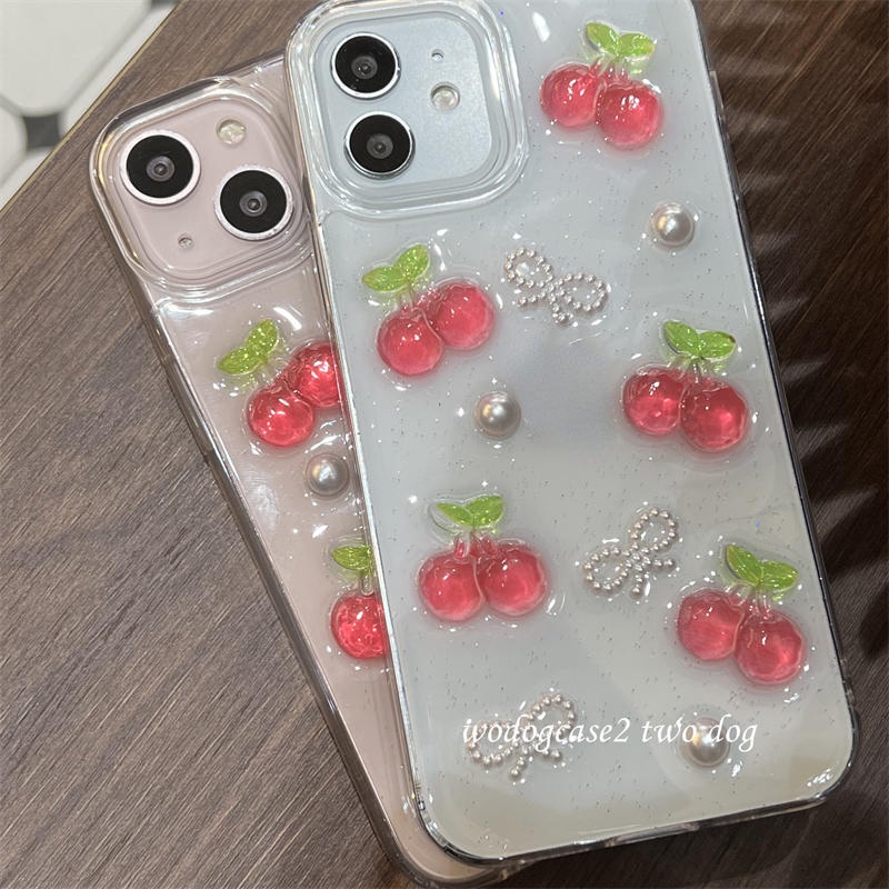 Casing Ponsel Epoxy Cherry Buah Glitter 3D Untuk iPhone 14 13 12 11 Pro MAX Plus Mini Bening Lucu Lembut TPU Cover Untuk iPhone X XS MAX XR 7 8 Plus SE 2022 2020 14Plus 13Mini 12Mini