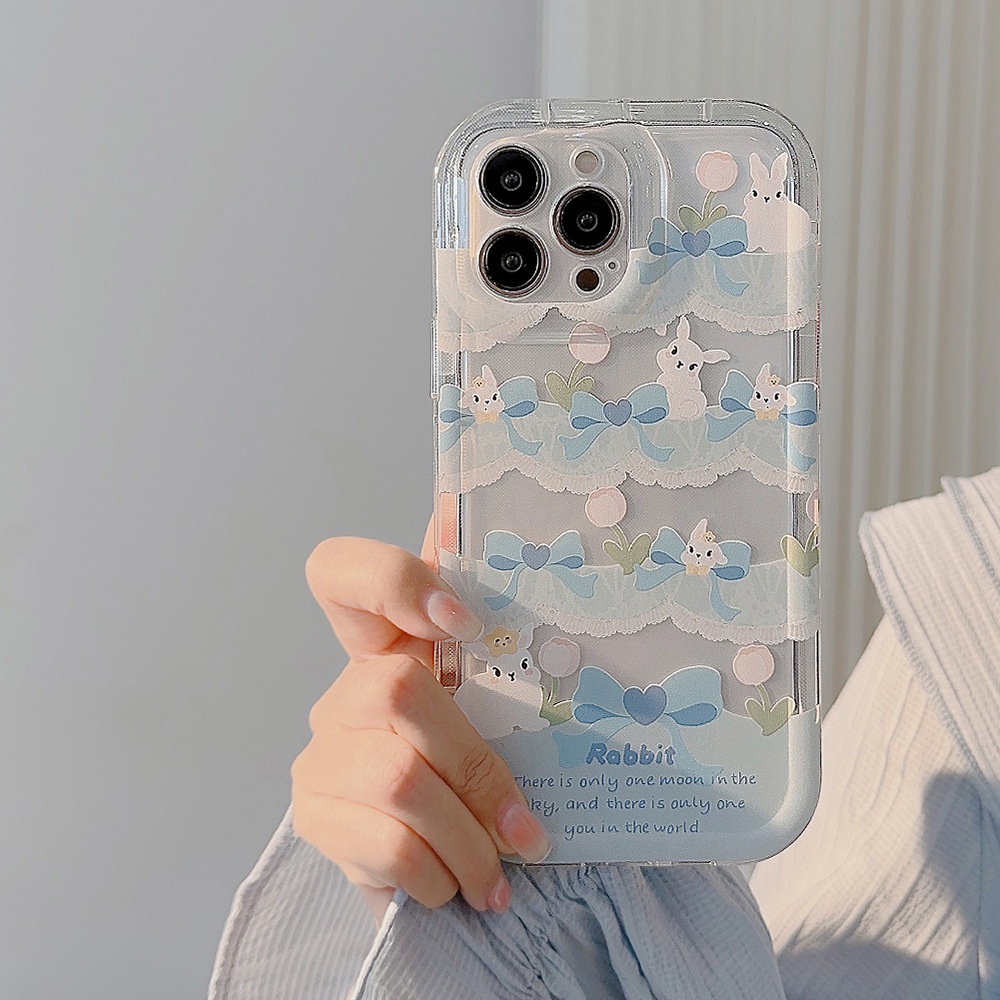 IPHONE Musim Panas Kartun Kelinci Biru Muda Bunny Lace Princess Phone Case Penutup Transparan Untuk Iphone11 12 13 14 PLUS PRO MAX